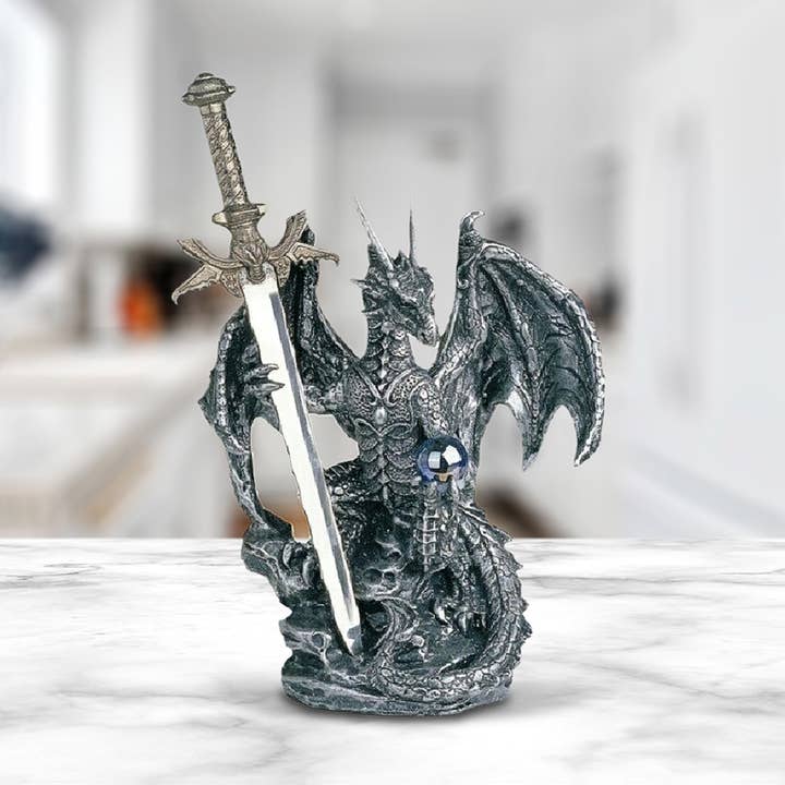 5"H Silver Dragon Holding Blue Gemstone Sword Figurine Gift for wholesale by FC Design