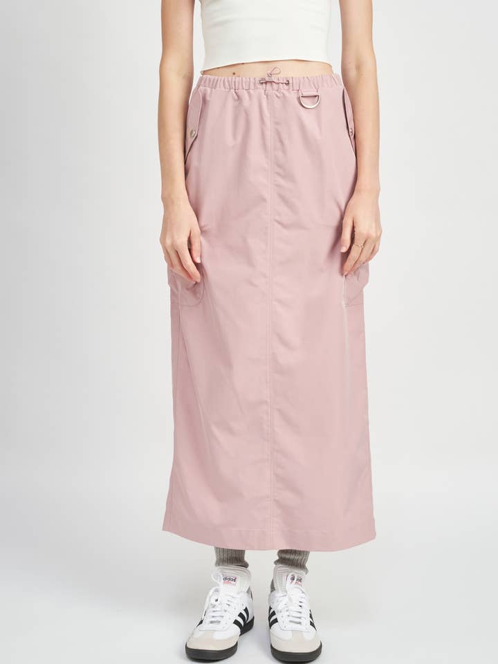 ADJUSTABLE WAIST CARGO MIDI SKIRT WITH SLIT for wholesale by Emory Park