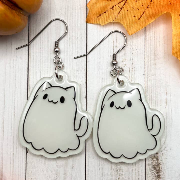Glow-in-the-Dark Ghost Cat Earrings for wholesale by Geekly Whimsical