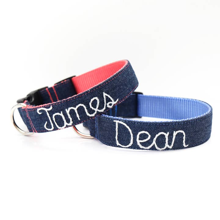 Mimi Green - Wholesale Pet Collar - Dog - Denim Hand Embroidered Dog Collar Personalized w/ Dogs Name