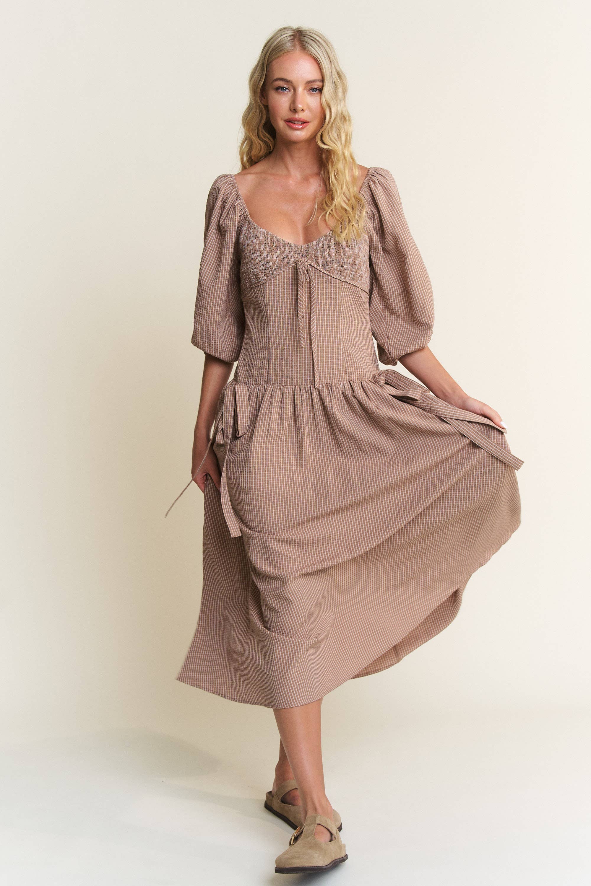 In The Beginning – wholesale Dress – Women's – Bow Detail Smocked Midi Dress 8