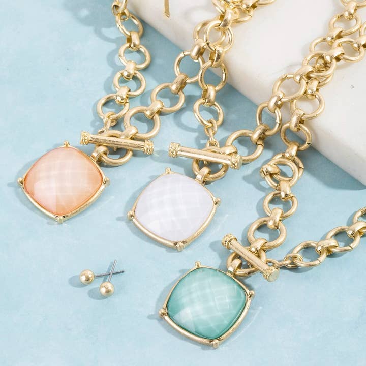 Large Square Faceted Stone Pendant Toggle Chain Necklace for wholesale by The Looks by Fame Accessories