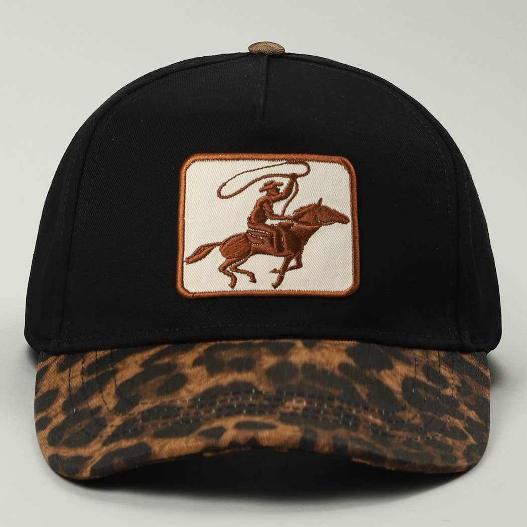 Fashion City - Wholesale Trucker Hat - Unisex - Cowboy Embroidered Patch Leopard Brim Trucker Hat5