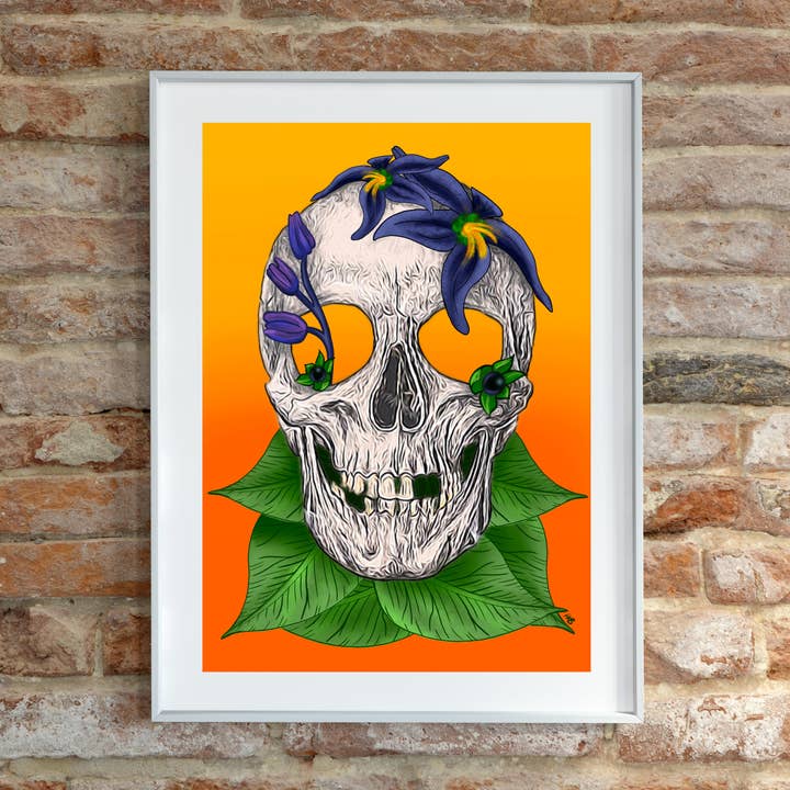 Bella Donna Kiss Art Print - A5 - Tattoo Style Skull for wholesale by Hannah Kate Makes