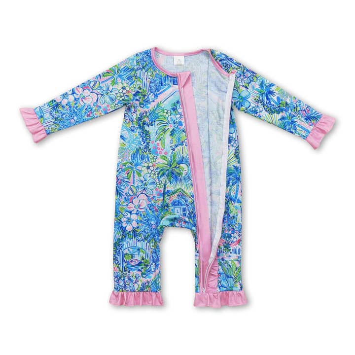 Yawoo Garments - Wholesale Jumpsuit - Baby - Pink ruffle watercolor blue floral baby girls zipper romper1
