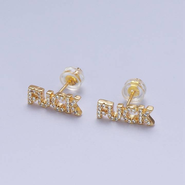 Aim Eternal - Wholesale Stud/Post Earrings - Dainty 16K Gold Filled "FUCK" Script Micro Paved CZ Stud Earrings | AD-273