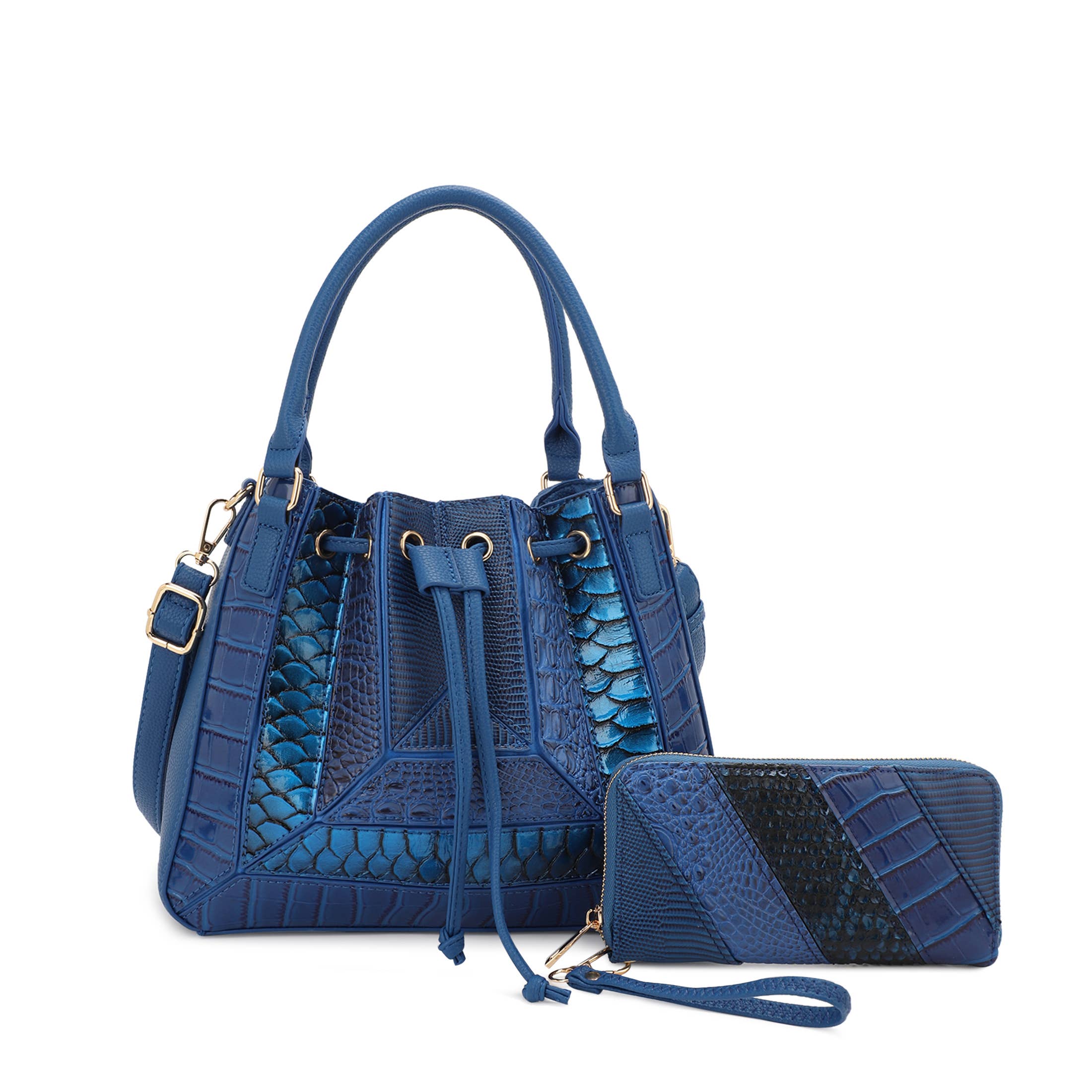 Black ROWENA PATCHWORK BUCKET BAG SET WITH WALLET for wholesale on Faire4