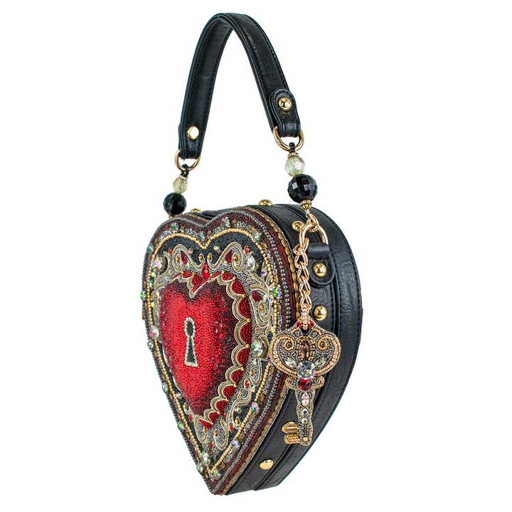 Mary Frances Accessories - Wholesale Top Handle Bag - Women's - Embrace Red Beaded Heart Key Hole Top Handle Bag