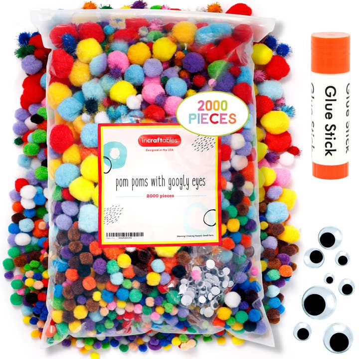 Incraftables - Wholesale DIY Craft Kit - Kids - Incraftables 2000pcs Pom Poms with Googly Eyes & Glue Stick