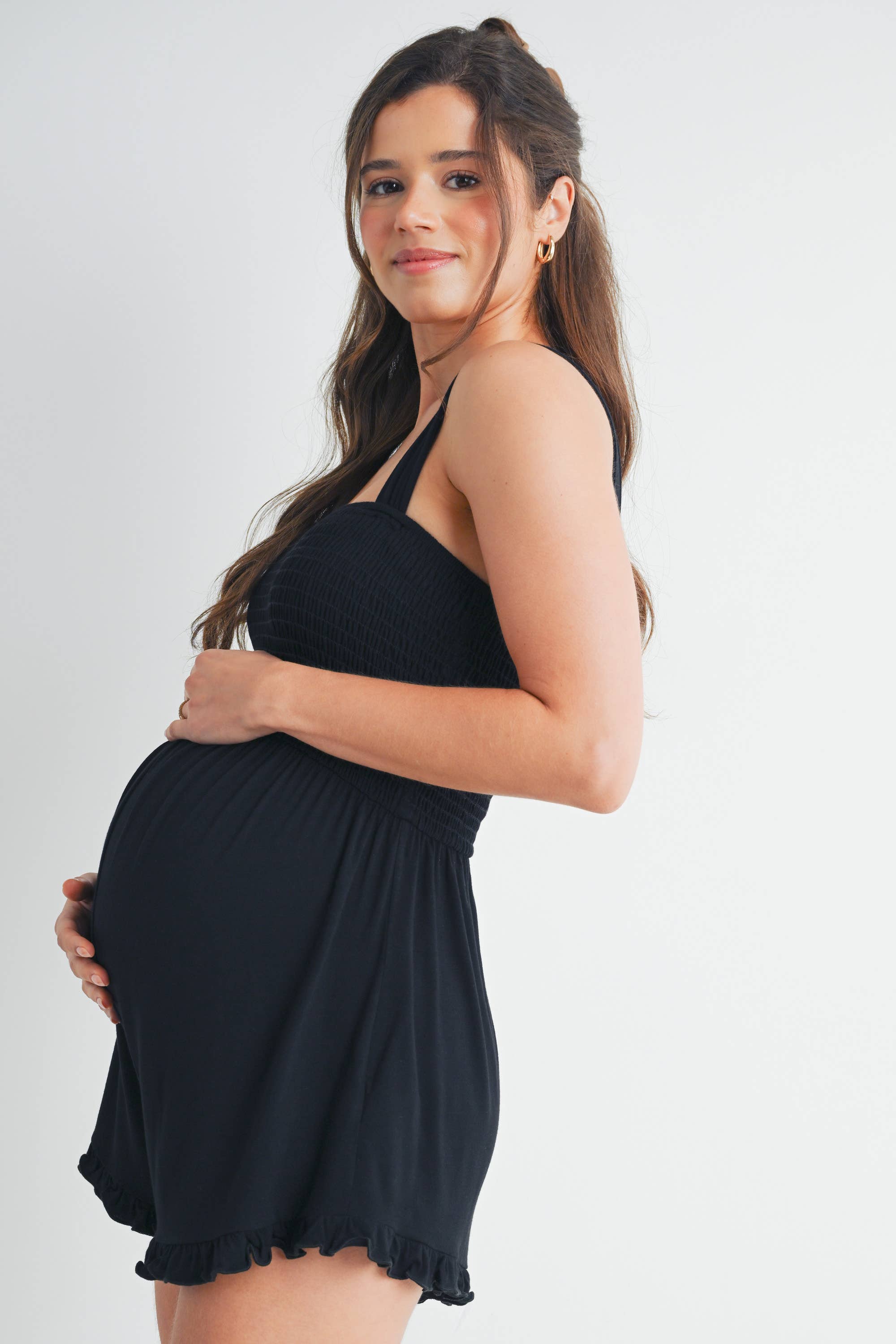 Hello Miz - Wholesale Lounge Romper - Maternity - Smocked Ruffle Hem Maternity Sleeveless Romper  3