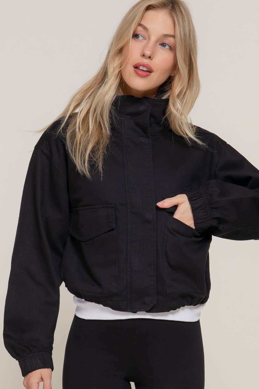 Active Basic | Active USA - Wholesale Jacket – Women's - Long Sleeve High Neck Zip Up Short Twill Jacket