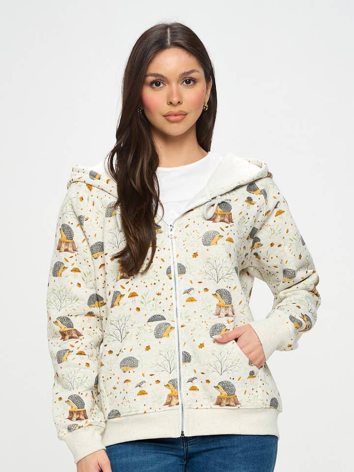 HEDGEHOG MUSHROOM PRINT ZIP UP HOODIE for wholesale by SM WARDROBE