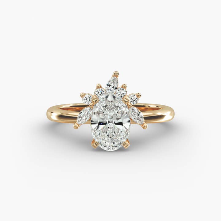 Bague de fiançailles avec centre en diamant de laboratoire ovale Halo Crown Bloom. pour la vente par Caratina