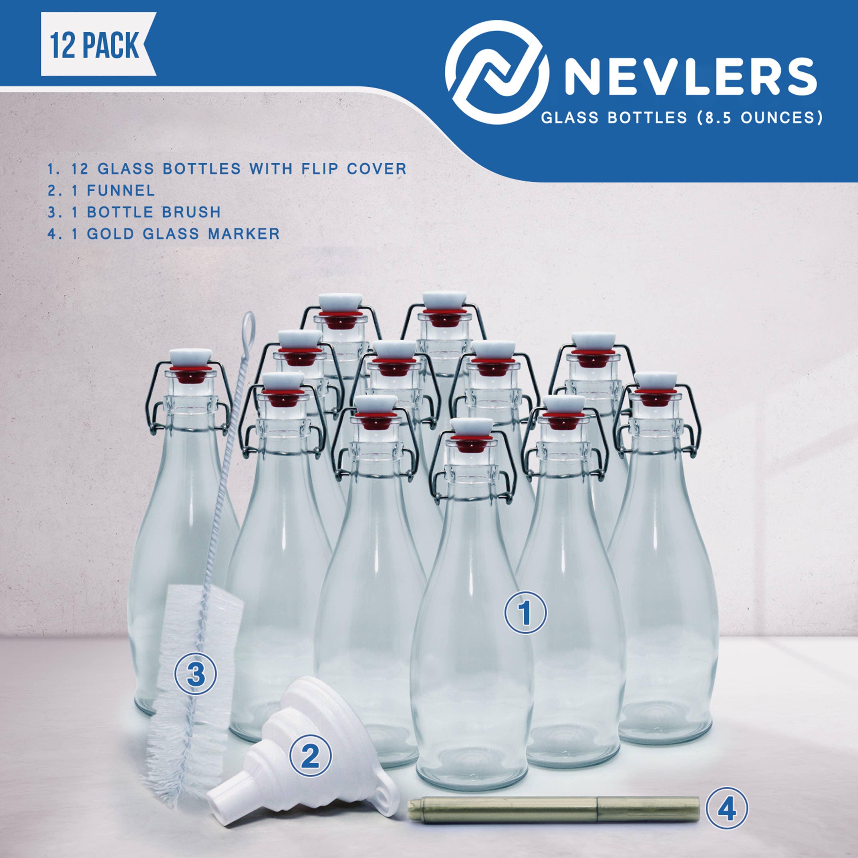 Nevlers - Wholesale Milk/Juice Bottle - Glass Swing Top Bottles -8.5 oz. Teardrop Design (Set of 12)10