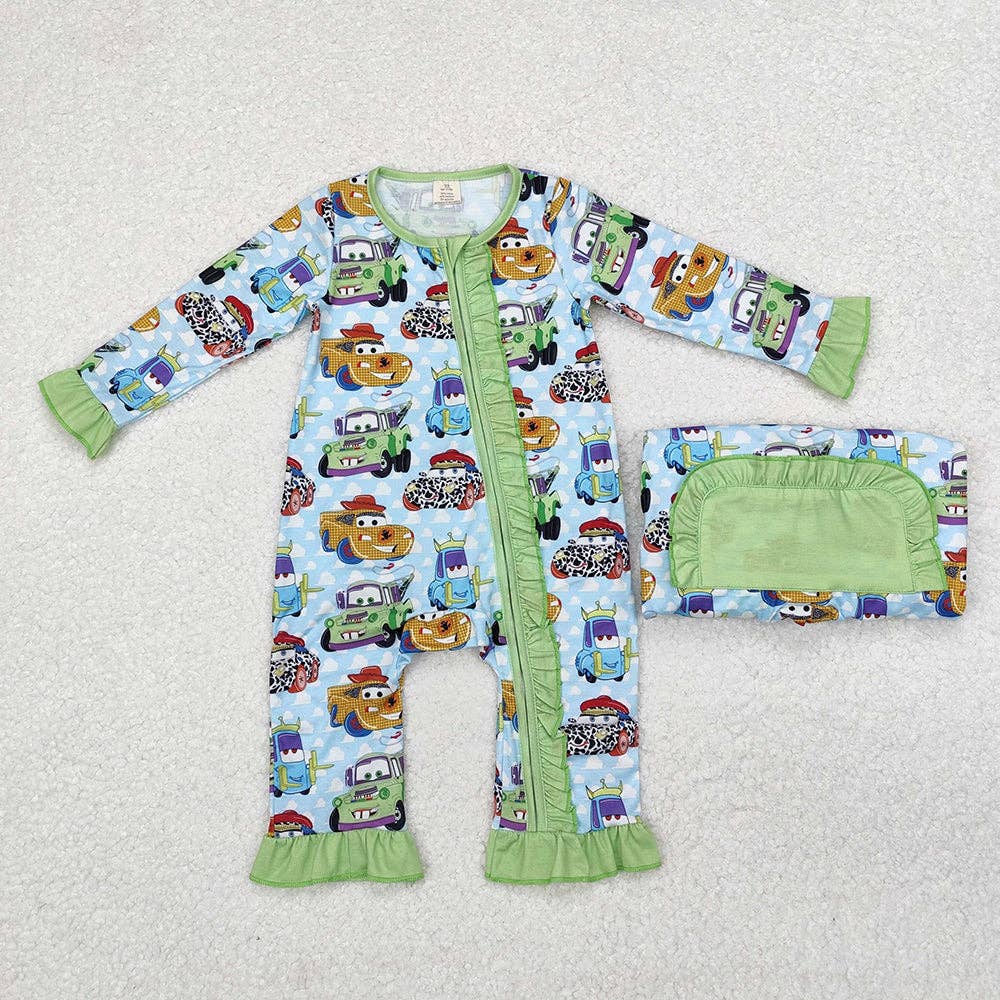 Aier Wholesale - Wholesale Sleepwear Set - Kids - Sibling Girls Baby Infant Boys Green Cars Bamboo Zip Rompers1