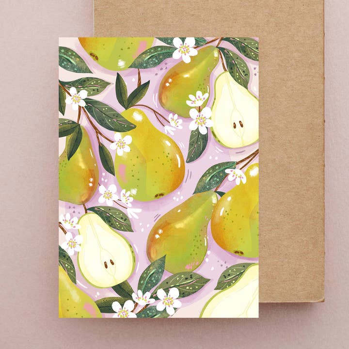 Perfect Pear Greeting Card for All Occasions with Florals for wholesale by Anna Cheng Design