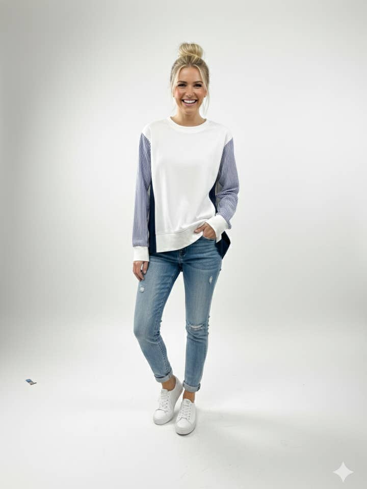 Haut en maille à panneaux contrastés en mélange de médias Mia - Pull en coton à ourlet asymétrique (#KT52053) pour la vente par Brad & Rena Apparel