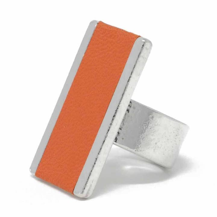 Adjustable Rectangle Ring With Leather Inlay Orange for wholesale by Sobo & Co Jewellery