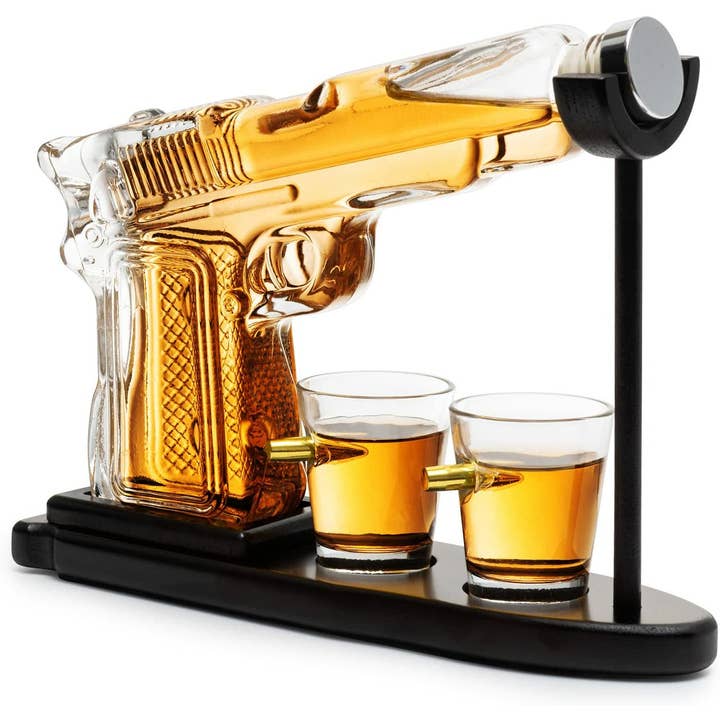 The Wine Savant / Khen Glassware – wholesale Decanter – Pistol Gun Decanter Set + 2 Bullet shot Glasses & Wood Stand