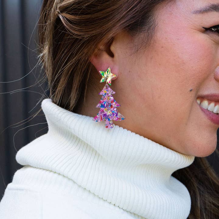 Spiffy & Splendid - Wholesale Dangle Earrings - Christmas Tree Earrings - Light Pink Sparkle // Holiday