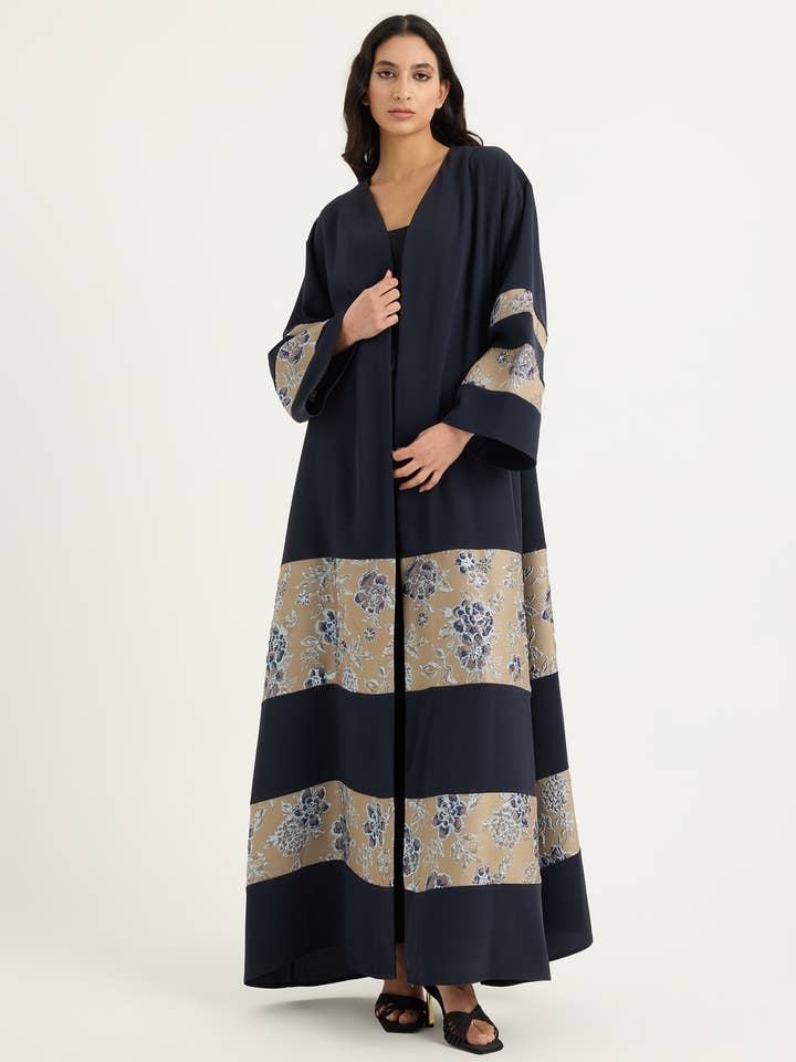 Store WF – wholesale Kaftan – Women's – Navy Flower Detailed Jacquard Abaya1