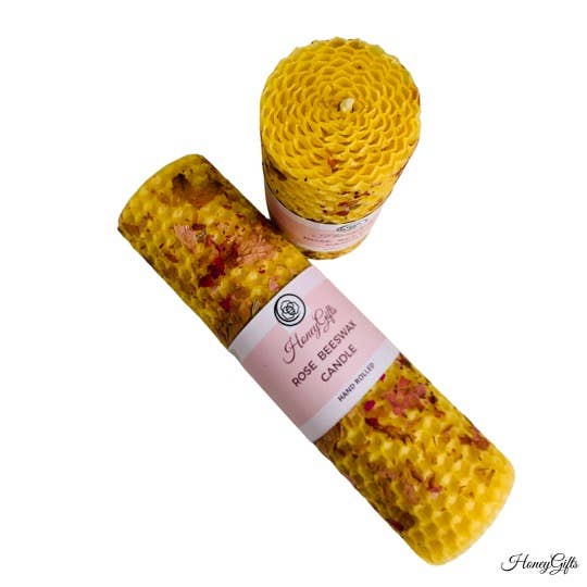 HoneyGifts - Wholesale Pillar Candle - 100% pure beeswax candle with rose petals1