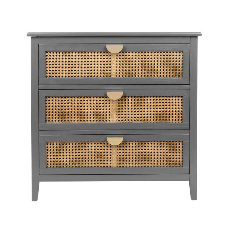39F Inc. - Wholesale Cabinet - Gray 3-Drawer Cabinet with Natural Rattan Fronts1