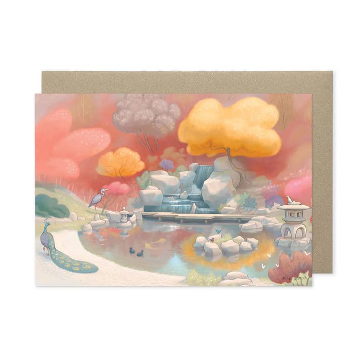 Holland Park Japanese Kyoto Garden, London Greetings Card for wholesale by Mike Green Illustration