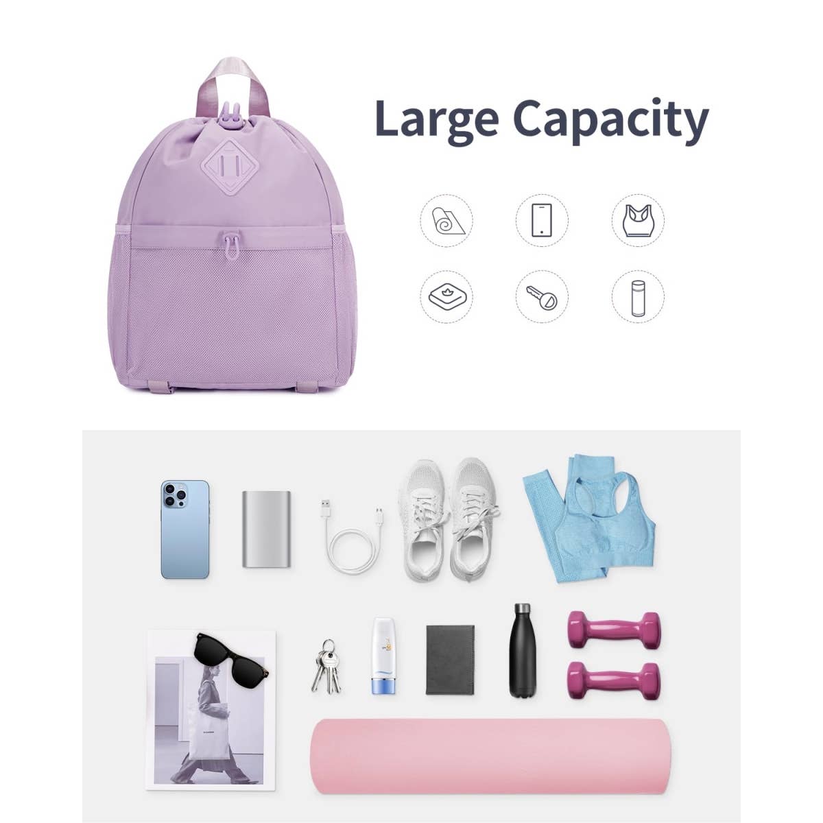 wandf - Vente Sac à cordon de serrage – unisexe - Sac à dos de sport avec cordon de serrage et sangle pour tapis de yoga21