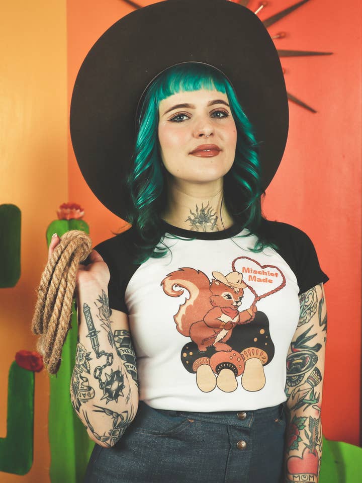 Lasso My Heart Raglan Cropped Baby tee in White/Black for wholesale by Mischief Made