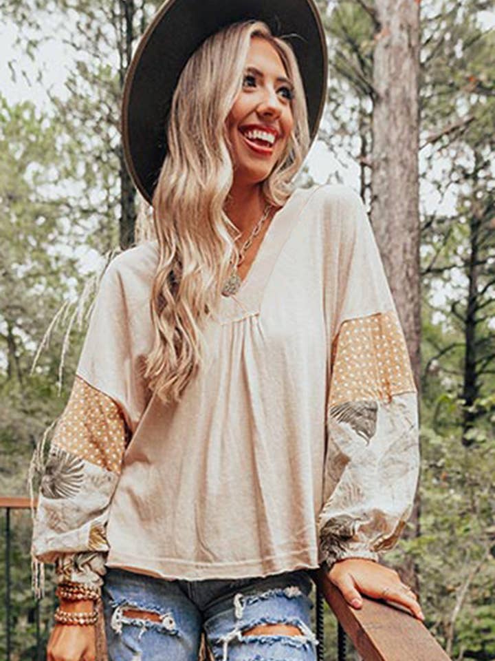 Jet Stream Palm Leaves Polka Dot Puff Sleeve Patchwork V Neck Loose Blouse for wholesale on Faire
