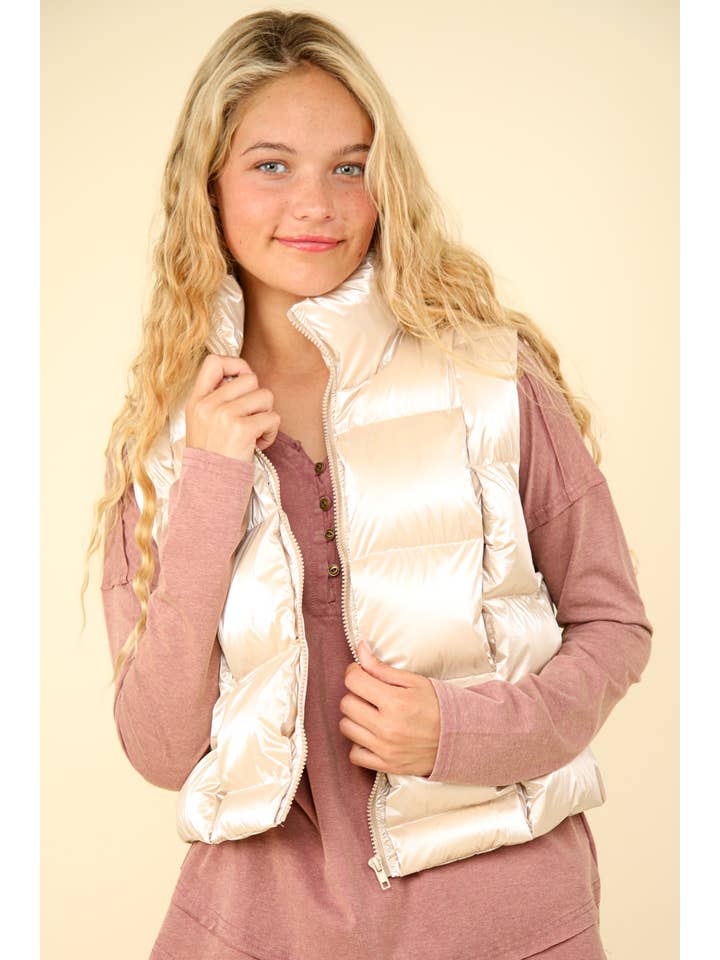 VERY J - Wholesale Outerwear Vest - Women's - NJ90293-Shiny Metallic Zip Up Puffer Vest