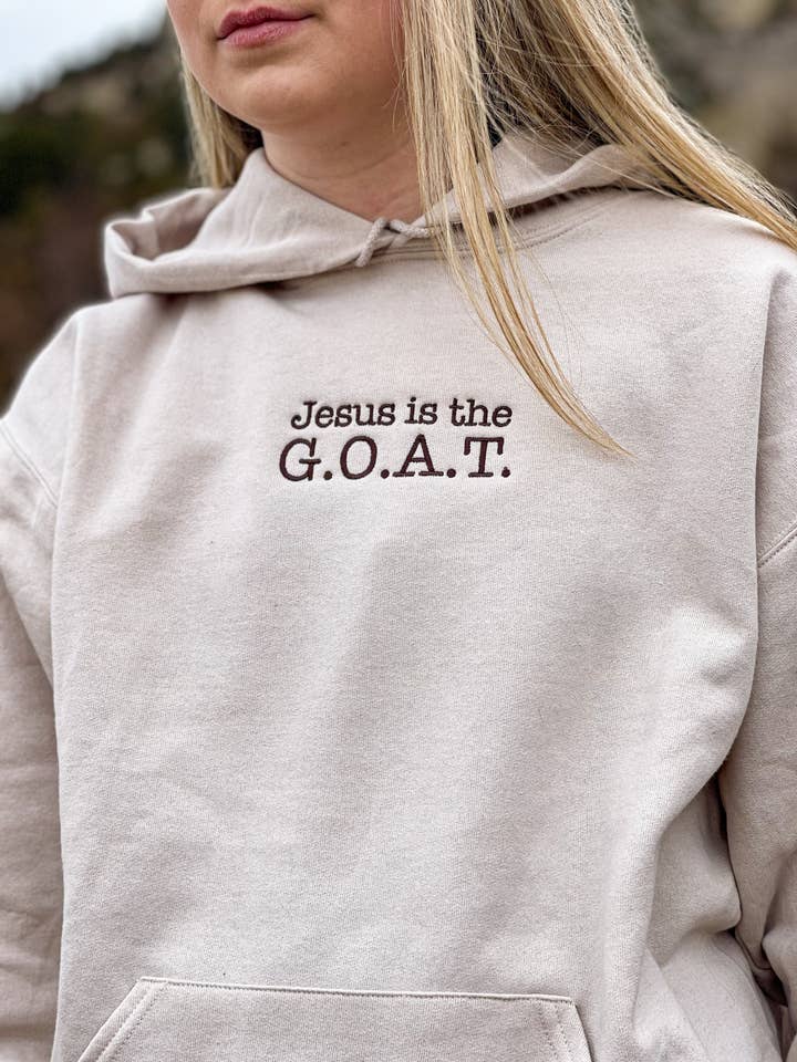Sweat-shirt brodé Jesus is the G.O.A.T. pour la vente par HH and Grace Co