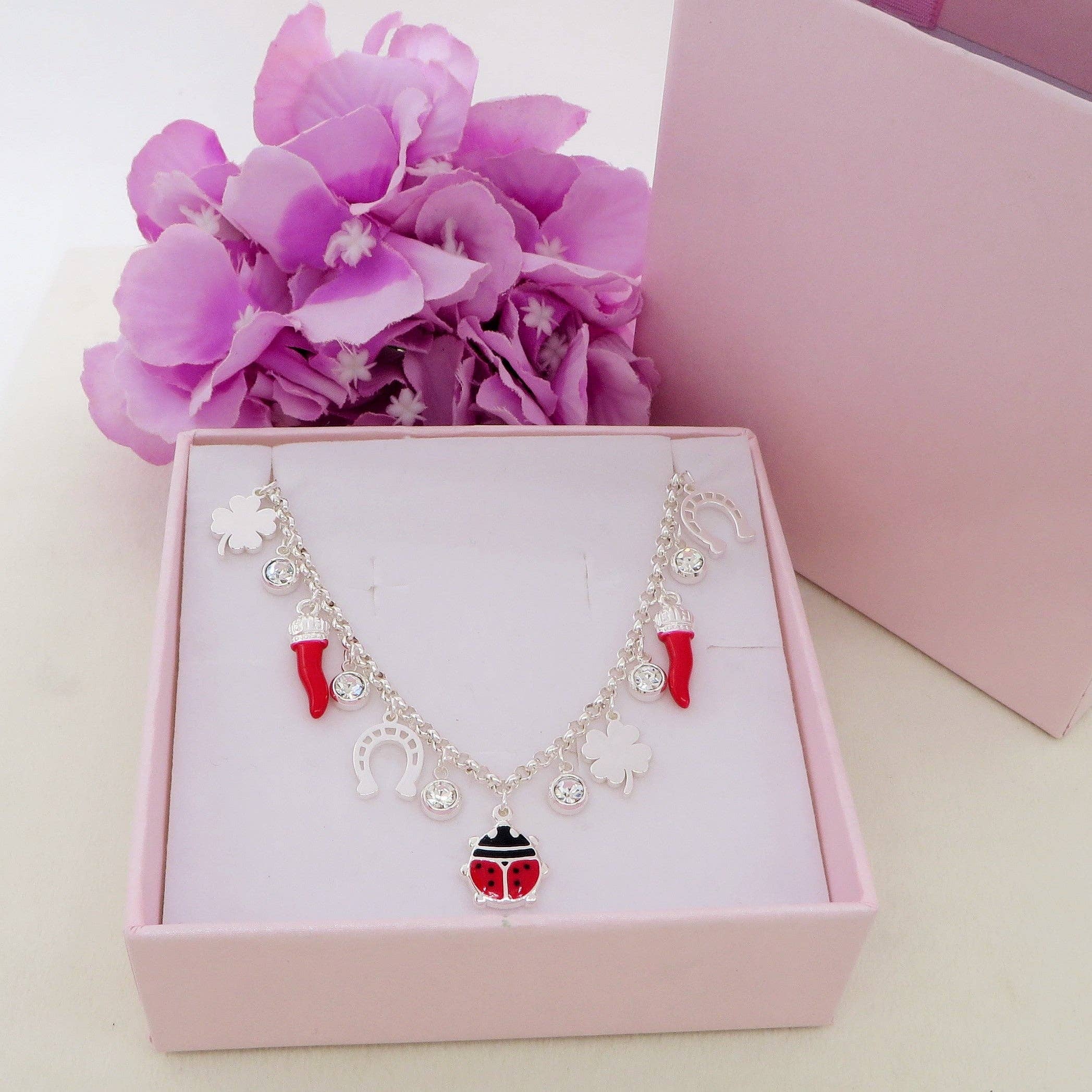 ACIER INOXYDABLE ARGENTÉ BONNE CHANCE Collier plaqué ARGENT ~ en ACIER INOXYDABLE avec breloques porte-bonheur en vente sur Faire1