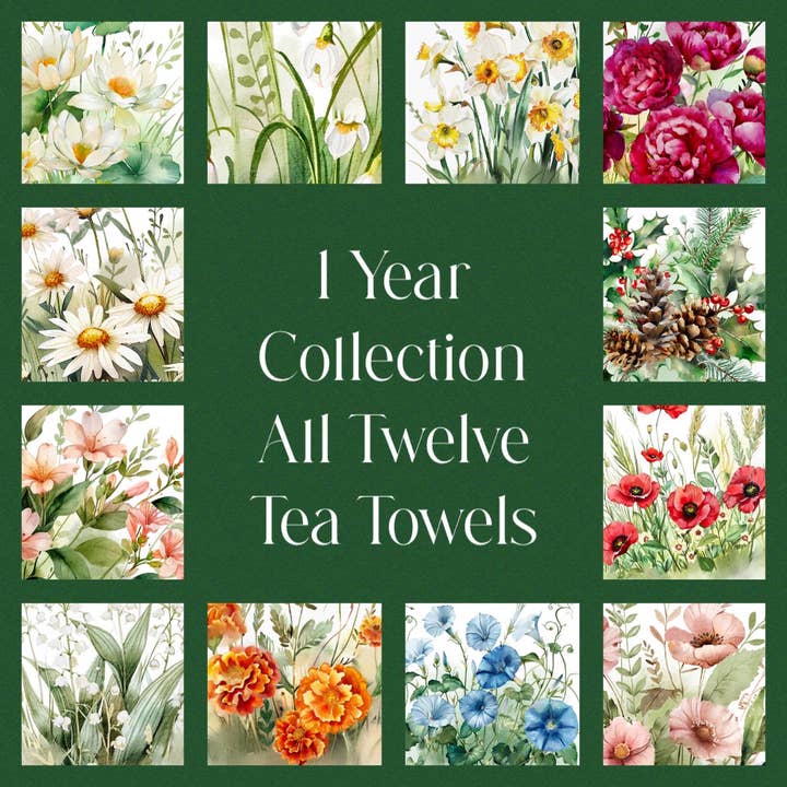 Brown Lillie – Großhandel Geschirrtücher – Geschirrtuch Musterpackung mit 13 Stück, Blumendesign, Geburtsblumen