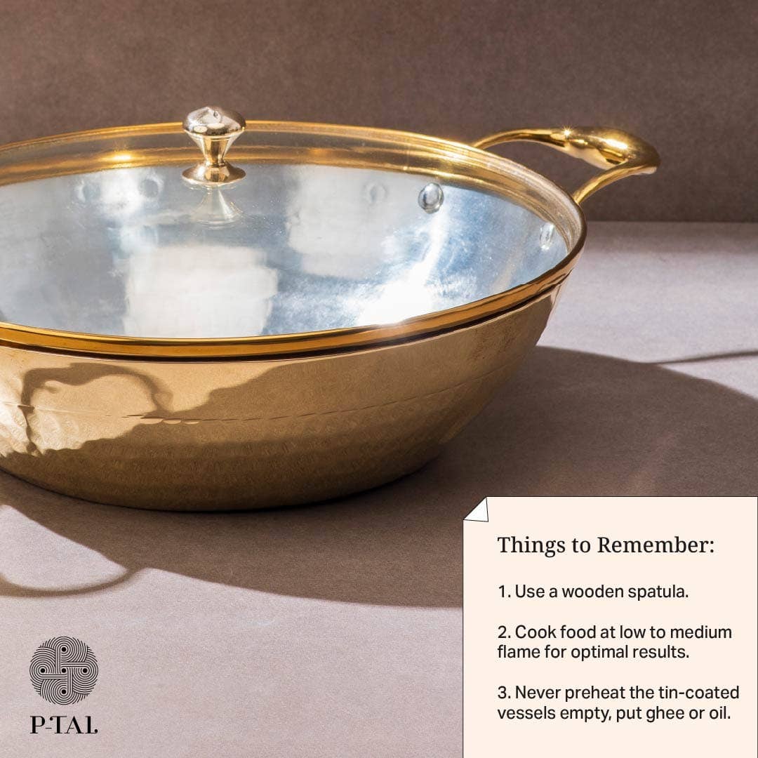 P-TAL - Wholesale Kookpot - Messing platte bodem wok met glazen deksel - Kadhai (Diepe & platte bodem kook-/serveergerei - karahi)4