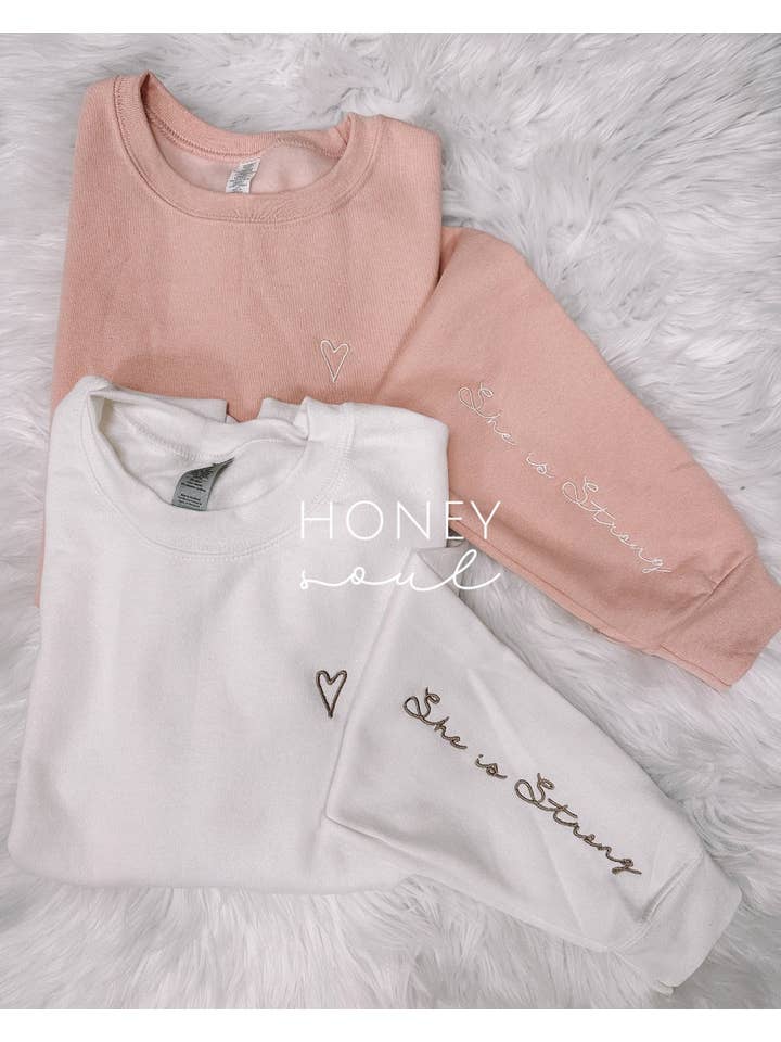 Honey Soul LLC - Wholesale Graphic Sweatshirt - Women's - Embroidered She Is Strong Sweatshirt6