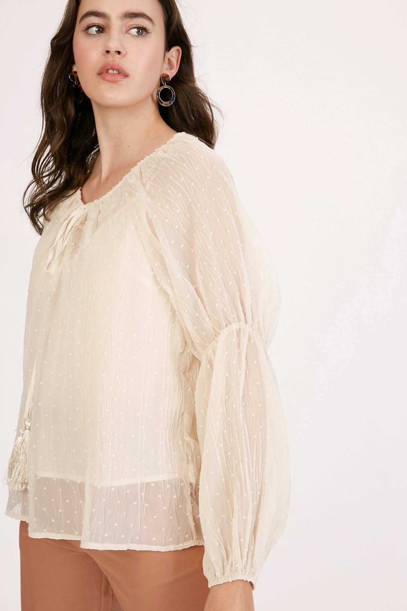 Champagne Swiss Dot Tassel Tie Blouse LT1016 for wholesale on Faire5