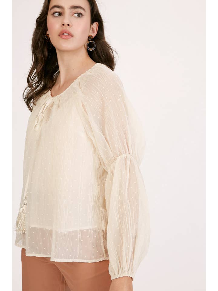 Champagne Swiss Dot Tassel Tie Blouse LT1016 for wholesale on Faire5