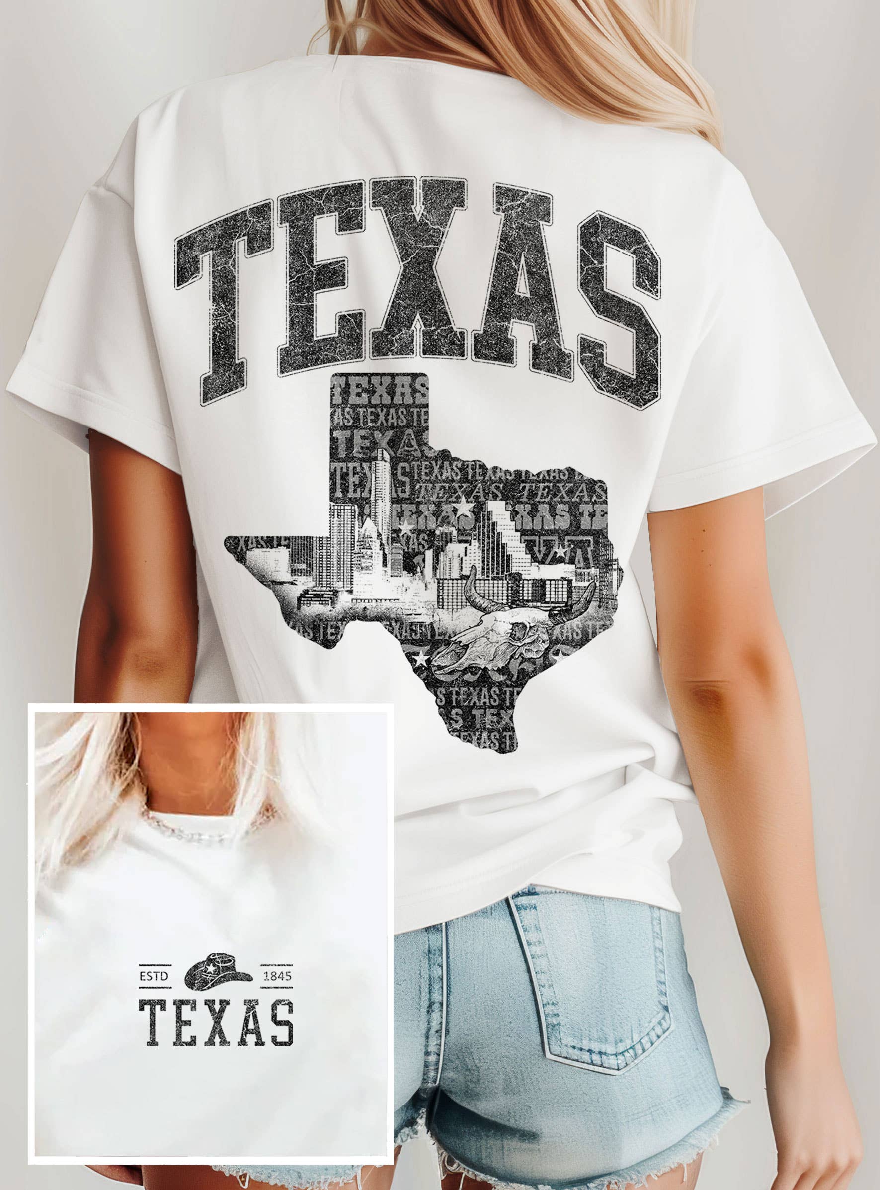 Rustee Clothing – Großhandel T-Shirt mit Siebdruck – Unisex – TEXAS STATE GRAFIK-T-SHIRTS VORNE UND HINTEN0