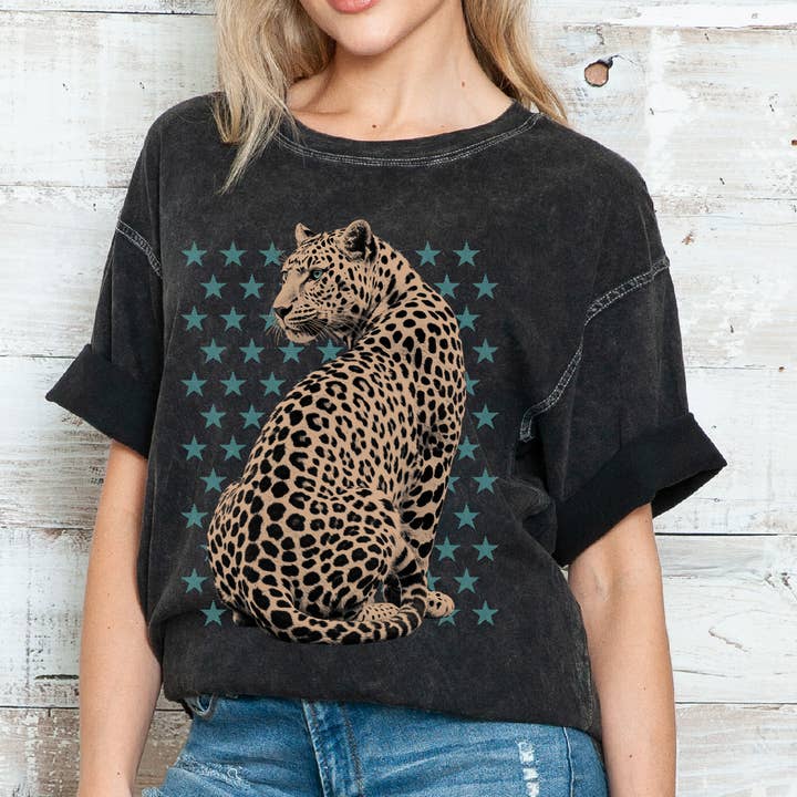 Women Cheetah Graphic Print Mineral Oversize Top for wholesale by Amused by Blue