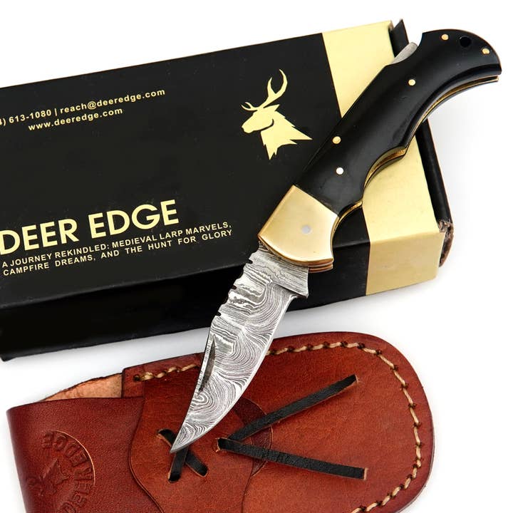 Damascus Folding Knife with leather case, Gift For Men for wholesale by Deer Edge
