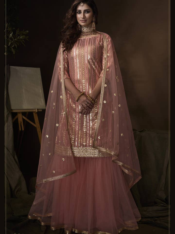 Pink Net Sharara Suit for Women for Wedding - Sequence & Thread Embroidery Work, Dori Work for wholesale by HATKE BRIDE
