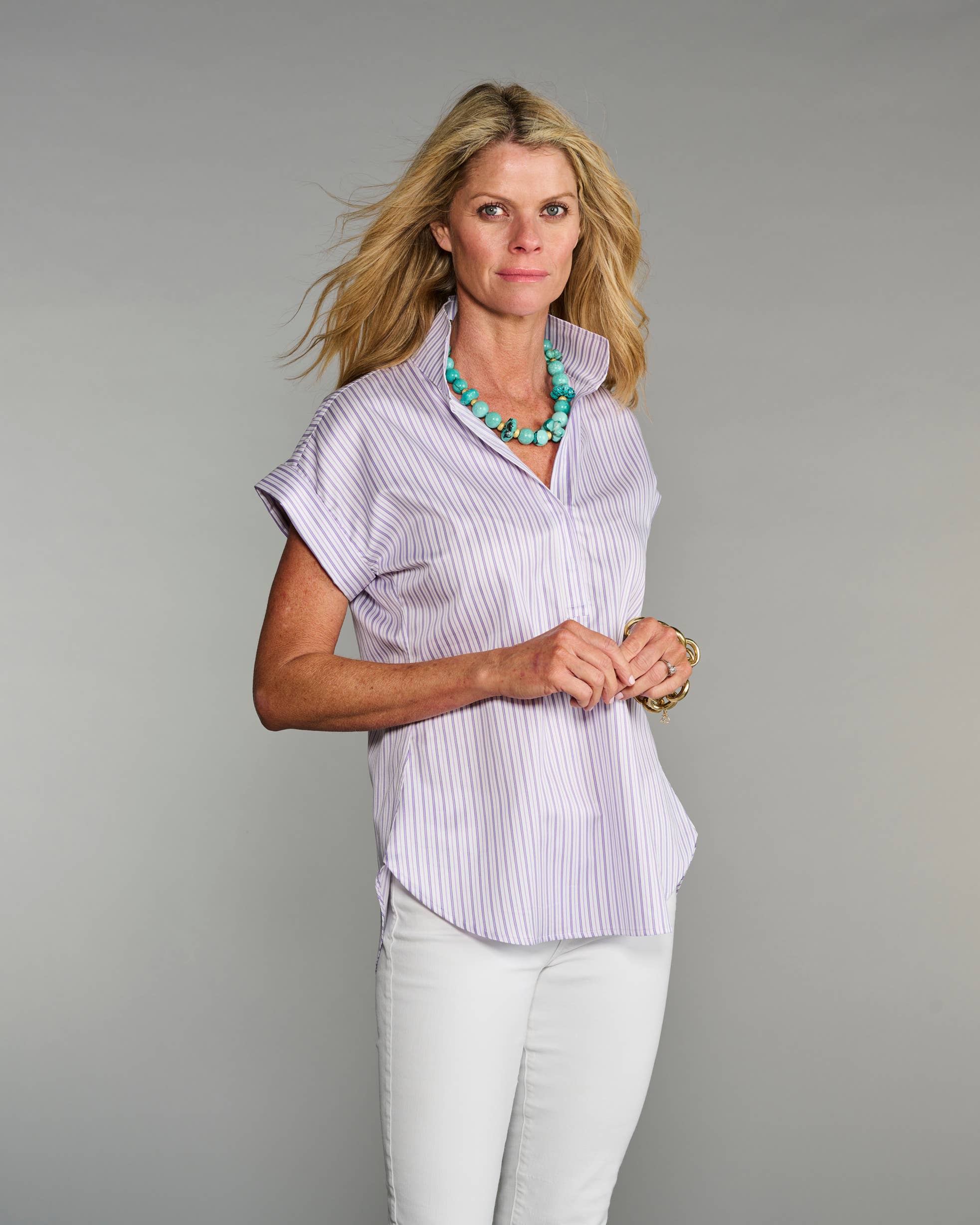 Morado La Blusa de Liga con Mangas Cap en Dúo de Rayas Lavanda de venta al por mayor en Faire9