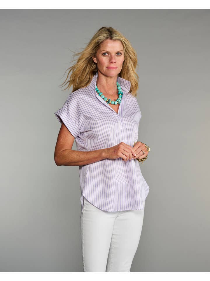 Morado La Blusa de Liga con Mangas Cap en Dúo de Rayas Lavanda de venta al por mayor en Faire9