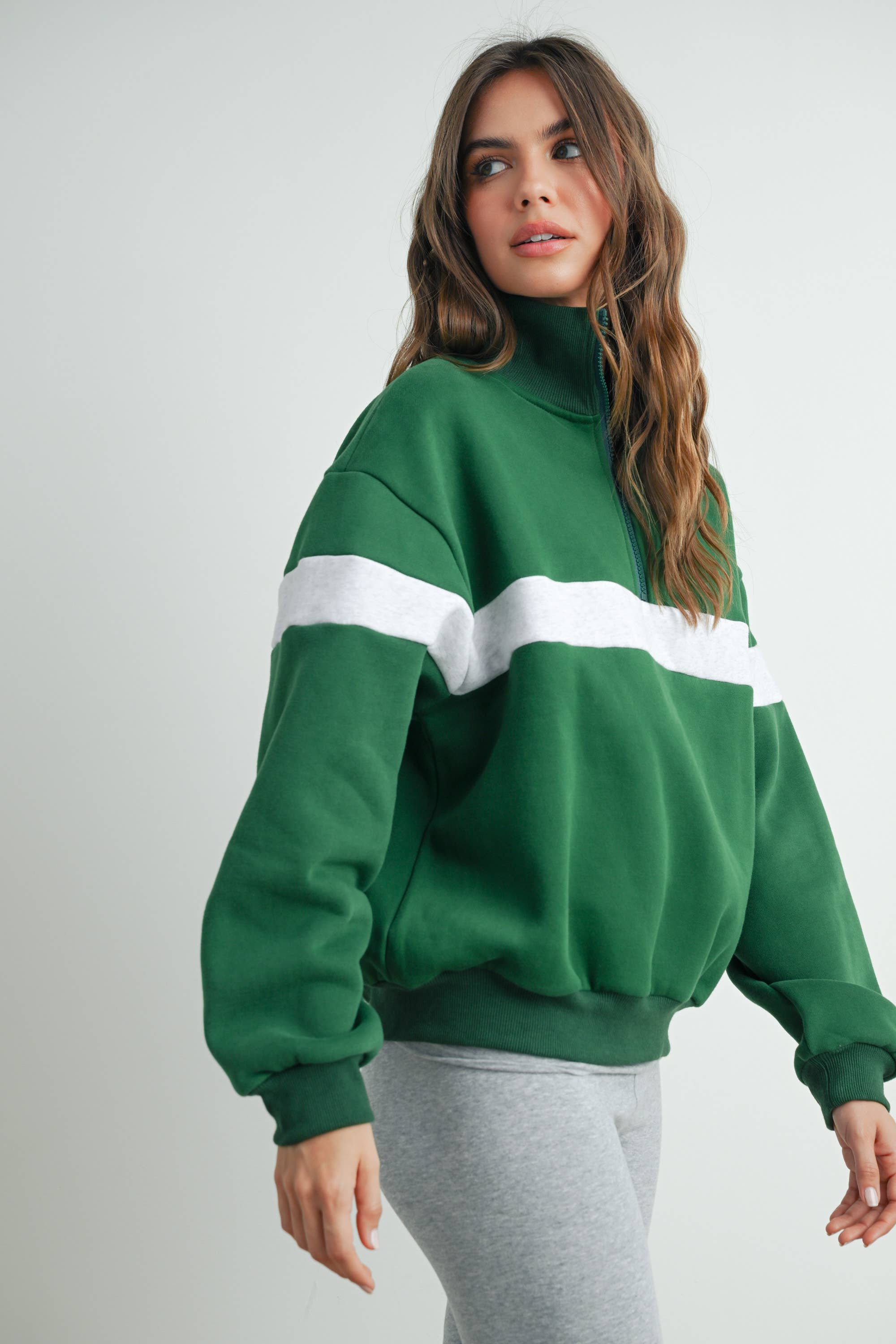 BUTTERMELON - Wholesale Sweatshirt - Women's - Two-Toned Half Zip Collar Sweatshirt - BMT753554