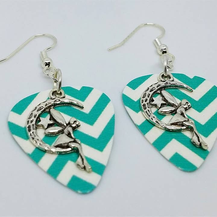 Simply Raevyn - Wholesale Dangle Earrings - Fairy on the Half Moon Charm Guitar Pick Earrings31