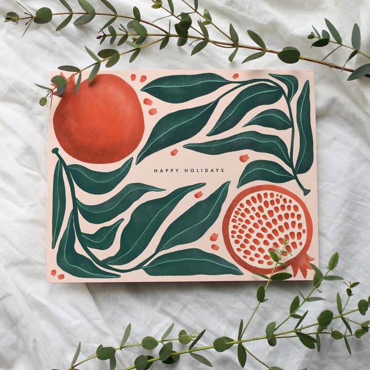 Set of 8 Hand Illustrated Pomegranate Holiday Cards, Light Pink for wholesale by Dear Wild