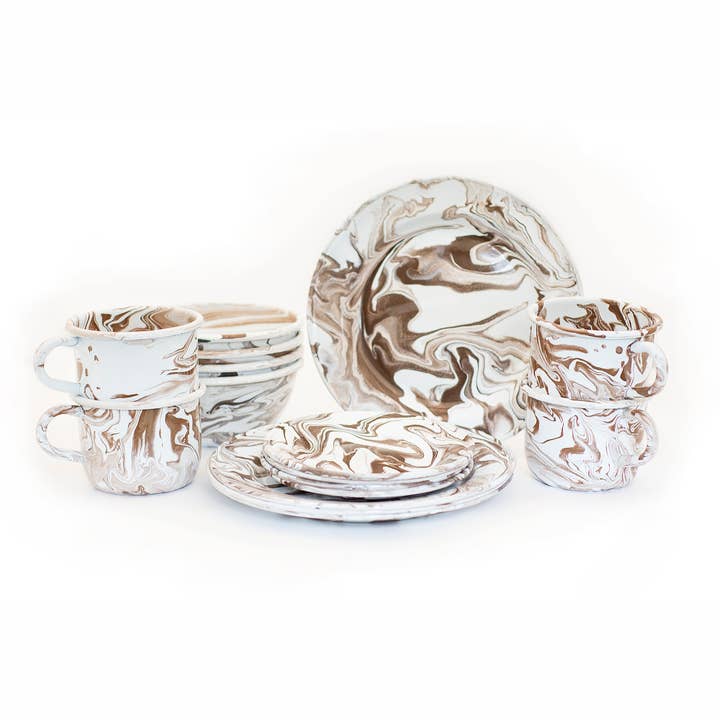 Artesano | Home Decor - Wholesale Dinnerware Set - Hand-painted 16 Pieces Enamel Dinnerware Set, Marbled
