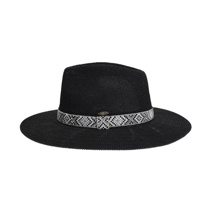 C.C Beanie - Wholesale Straw Hat - Women's - Knit Seed Bead/Rhinestone Band Panama Hat KPC0001